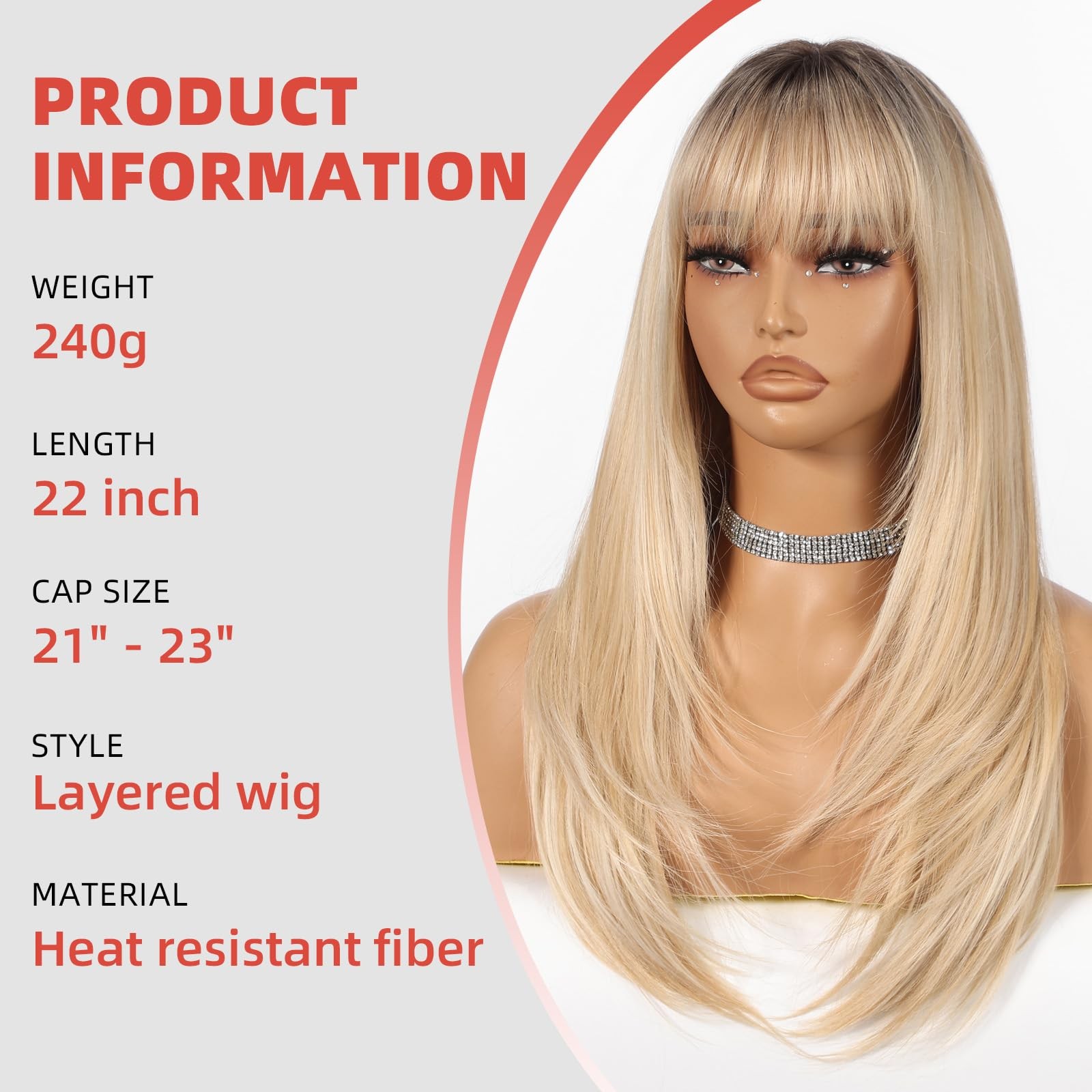 Ombre Blonde Wigs for Women Long Straight layered Wig With Bangs 22 inch Natu…