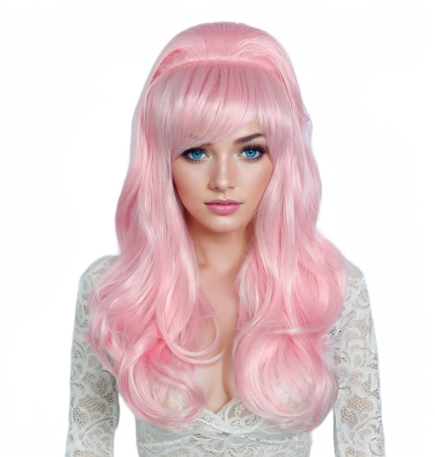 Long Wavy Pink Wig Big Bouffant Beehive Women Fits 50s 80s Costume Party
