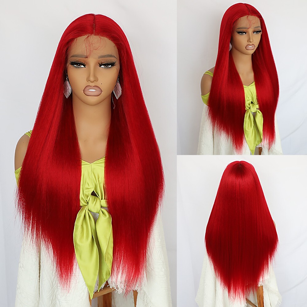 Red Synthetic Hair Lace Front Wigs Long Straight Fashion Women Heat Resistant