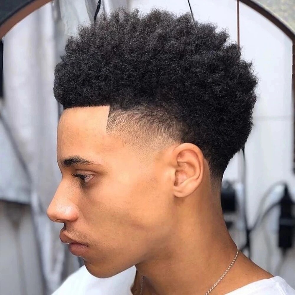 Afro Curl Mens Toupee Full Poly Skin Pu Black Man Wig Hair System Replacement