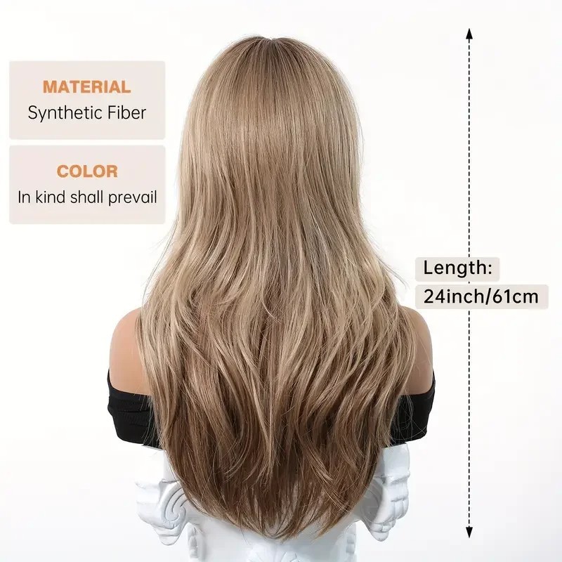 24″ Honey Brown Loose Wavy Wig with Side Bangs Synthetic Heat Resistant Natural
