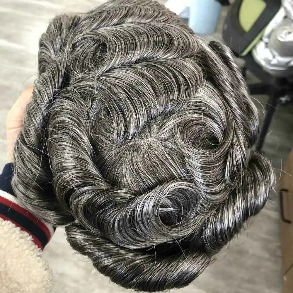 Undetectable Black Grey 1B20 Men Toupee Durable Thin Skin Male Wig Human Hair