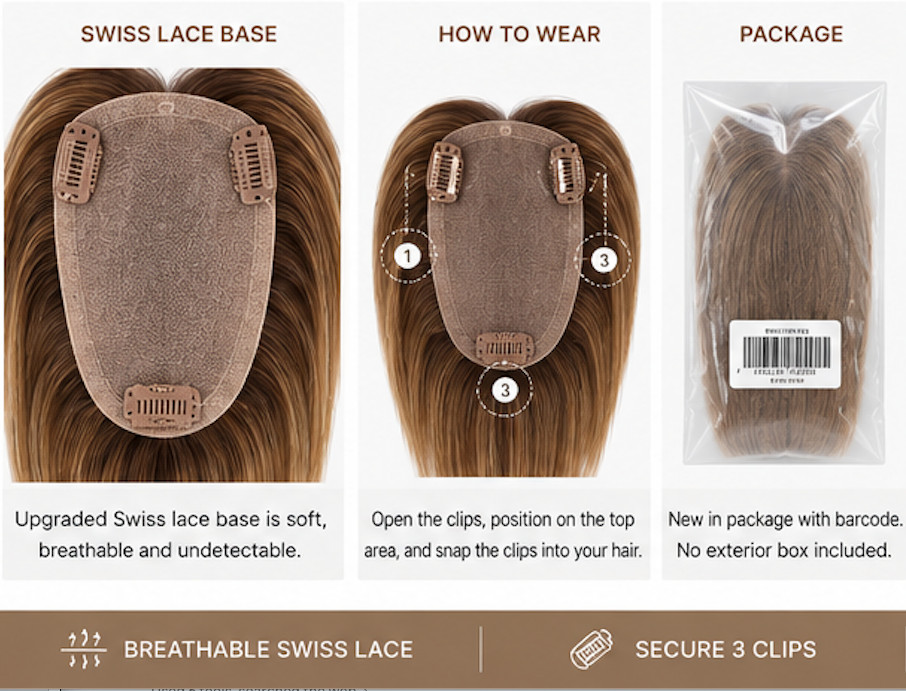 EMMOR Human Hair Topper 10” Ombre Brown Blonde Highlight Swiss Lace 3 Clips