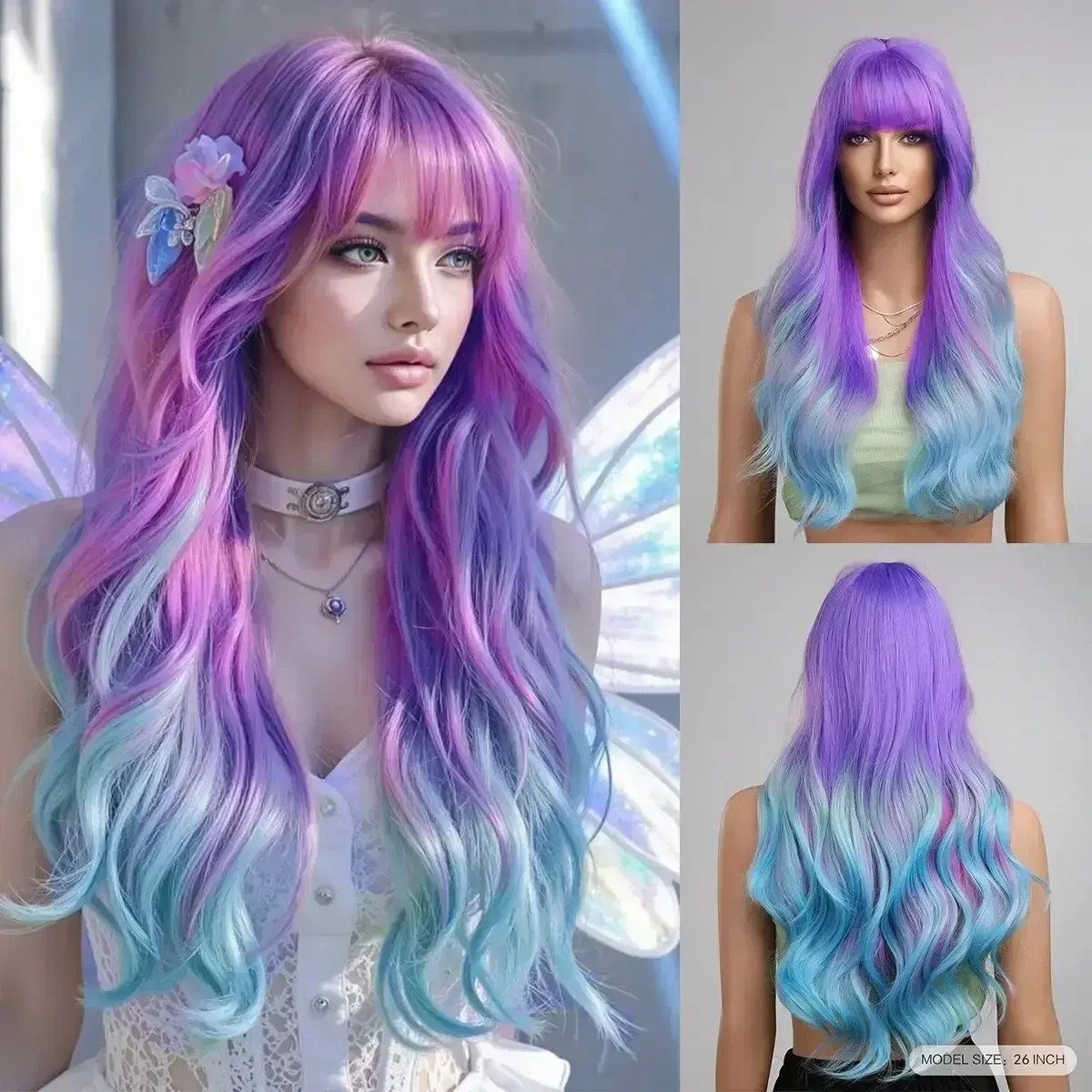 26″ Pastel Rainbow Ombre Long Wavy Wig with Bangs Pink Purple Blue Synthetic