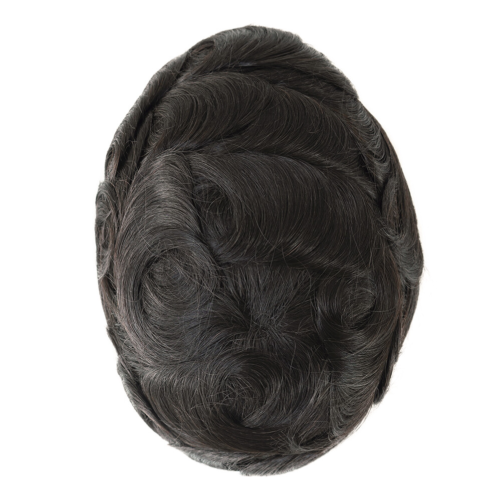 Mens Toupee Human Hair Systems Fine Mono Poly Coating Hairpieces #1B US Seller