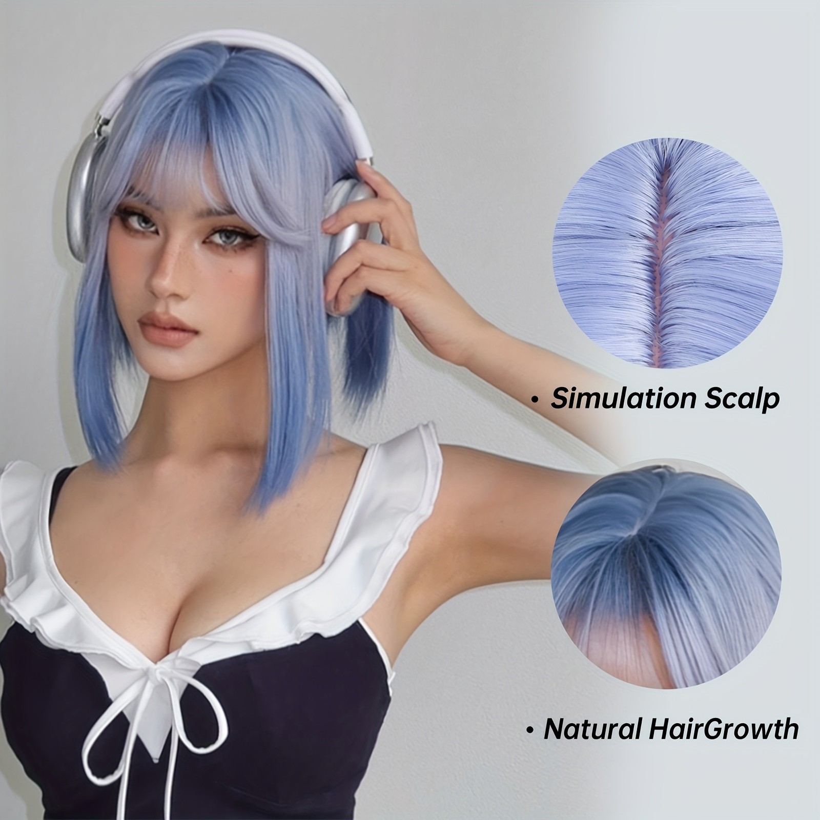 12in Blue Grey Ombre Short Bob Wig Synthetic Hair Wig Fashion Cosplay Hairpiece