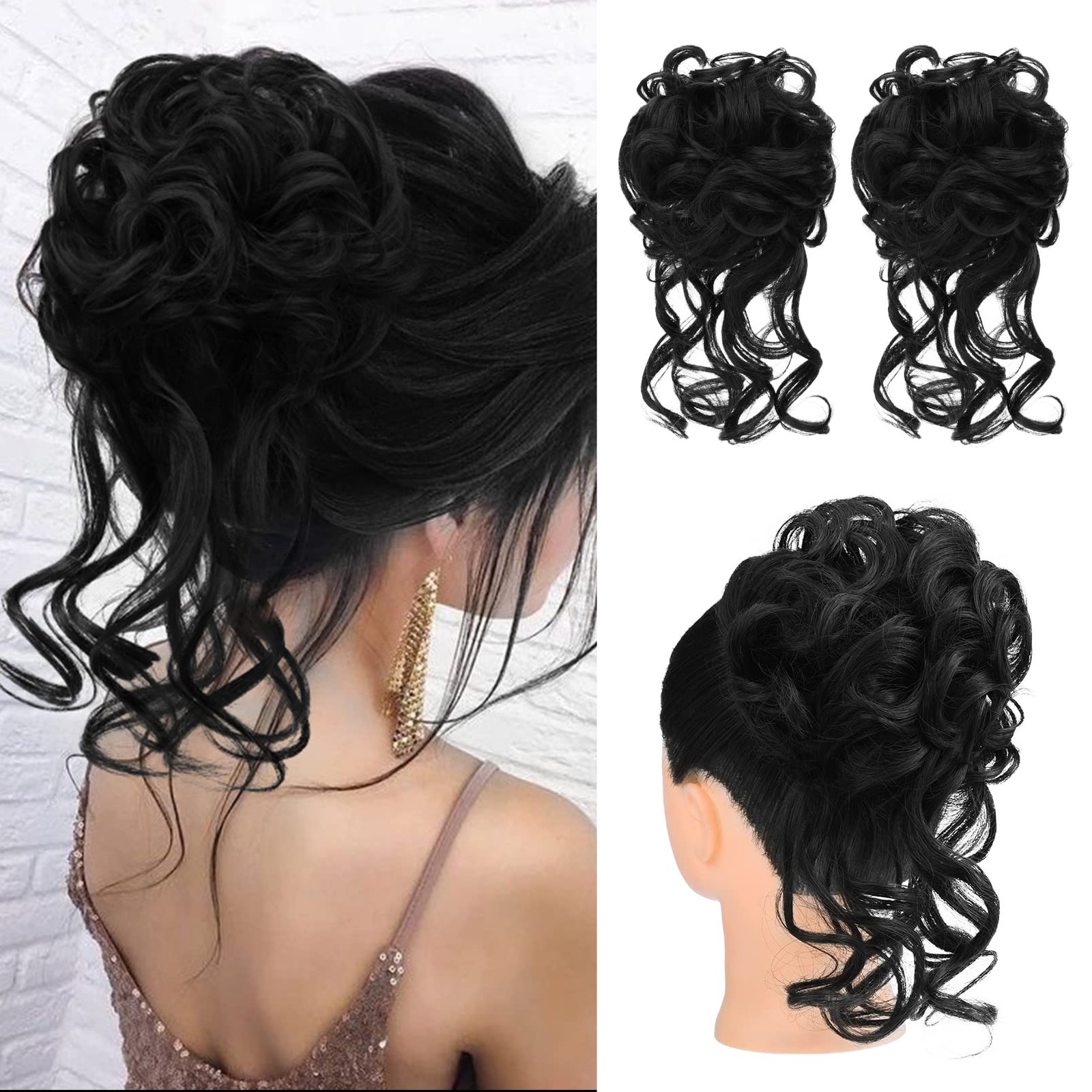 2 Pack Messy Bun Hair Piece, Wavy Curly Hair Wrap Ponytail Hairpieces, Black