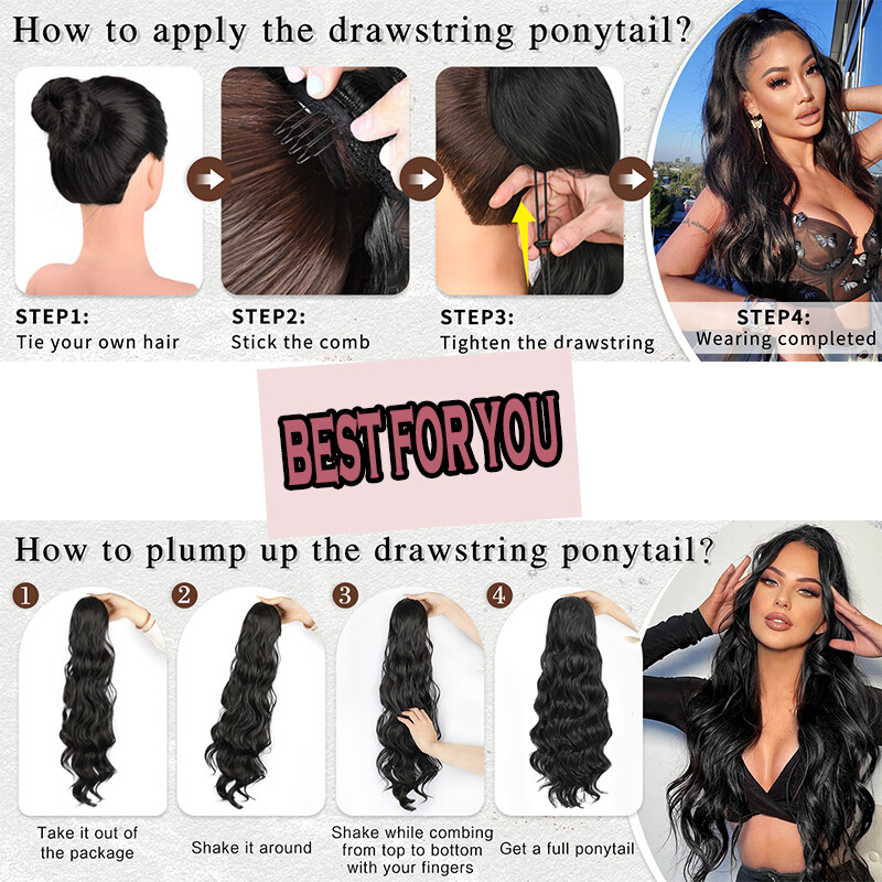 Long Braids Ponytail Drawstring Straight Body Wave Hair Extension Real As Human