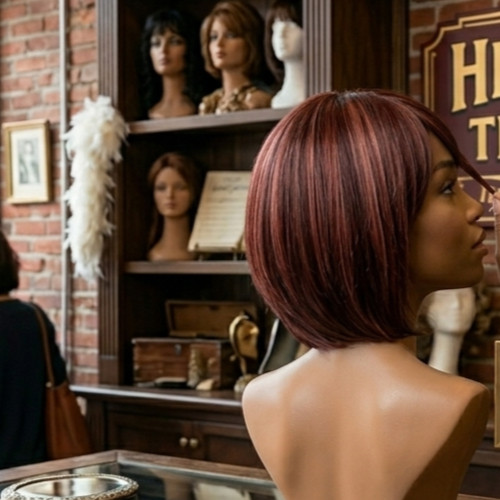 RENERSHOW Short Burgundy Highlight Bob Wig bangs red pixie women synthetic daily