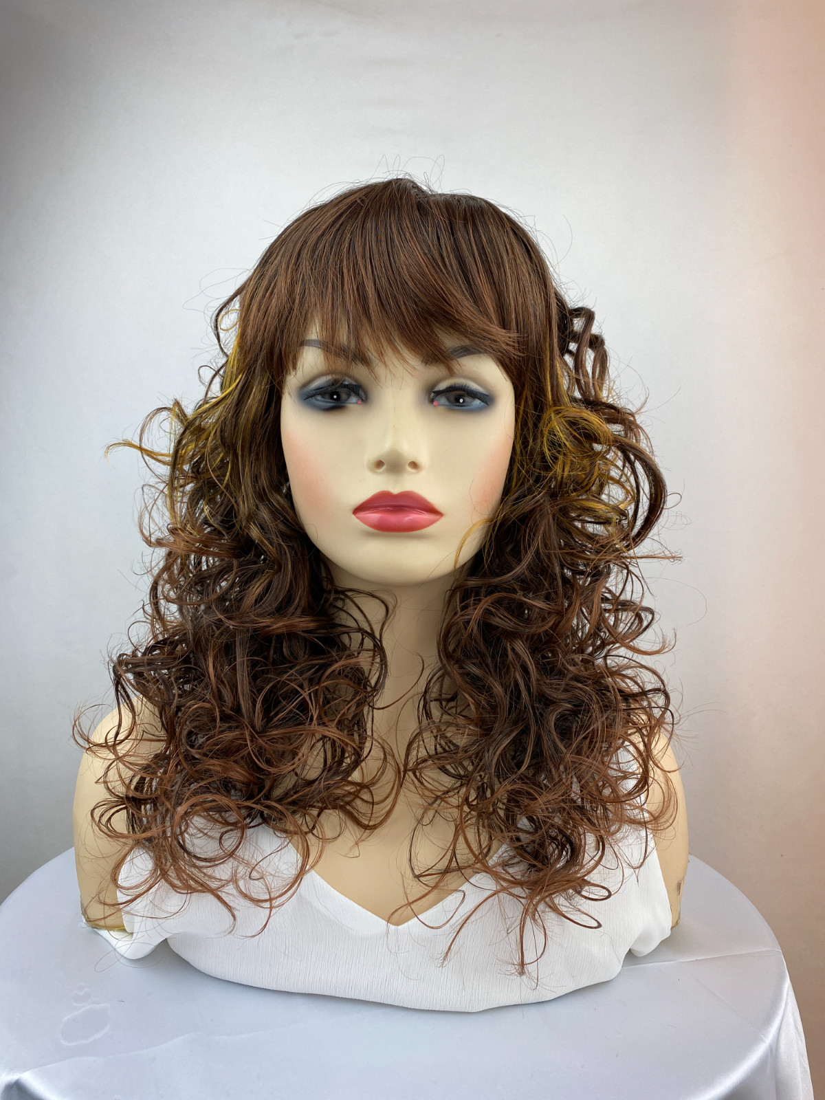 Long Fluffy Curly Brown Highlight Mix Synthetic Hair Wigs Women Party Daily