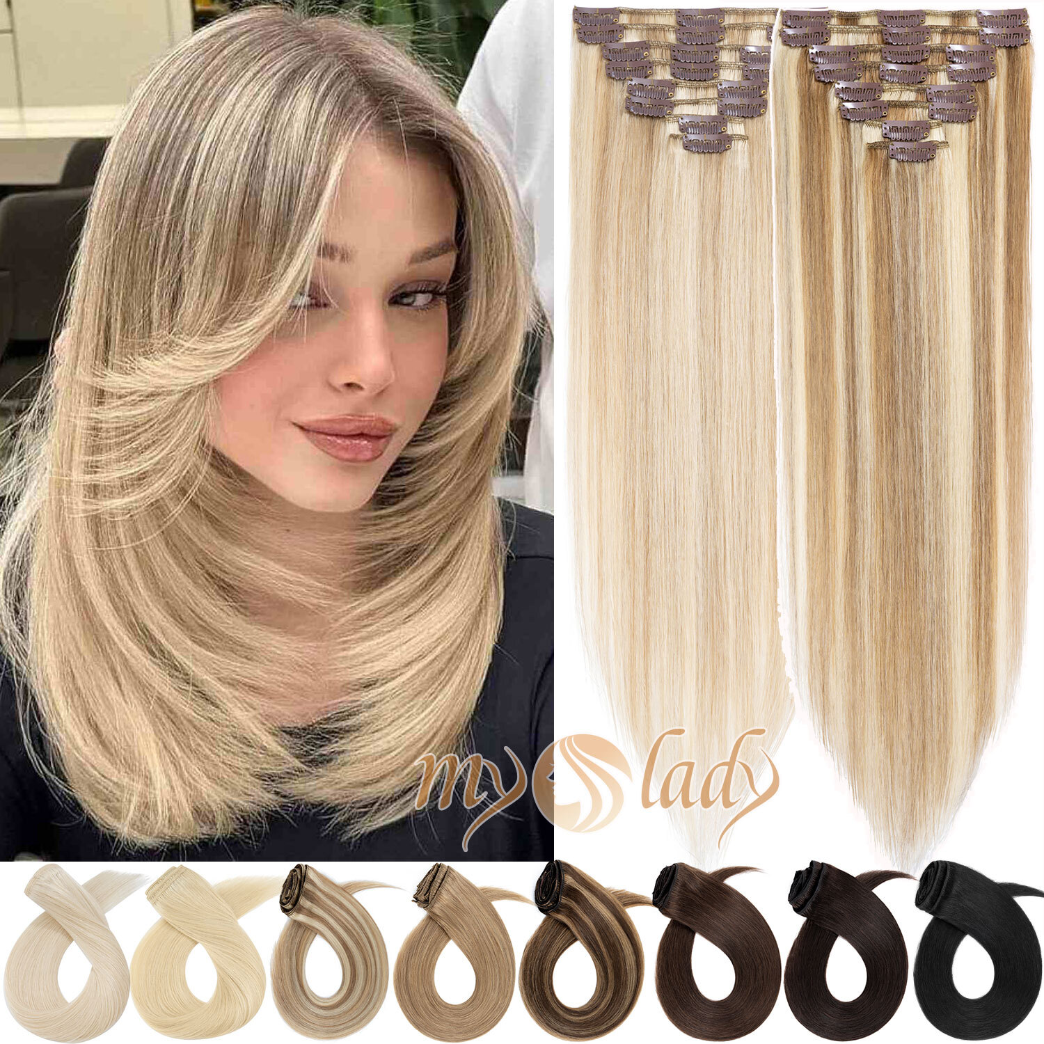 16″18″20″ Clip In 100%Real Remy Human Hair Extensions Full Head Highlight Blonde