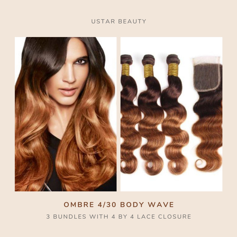 100% Human Hair Ombre 4/30 Body Wave 3 Bundles with free part 4*4 Lace Closure
