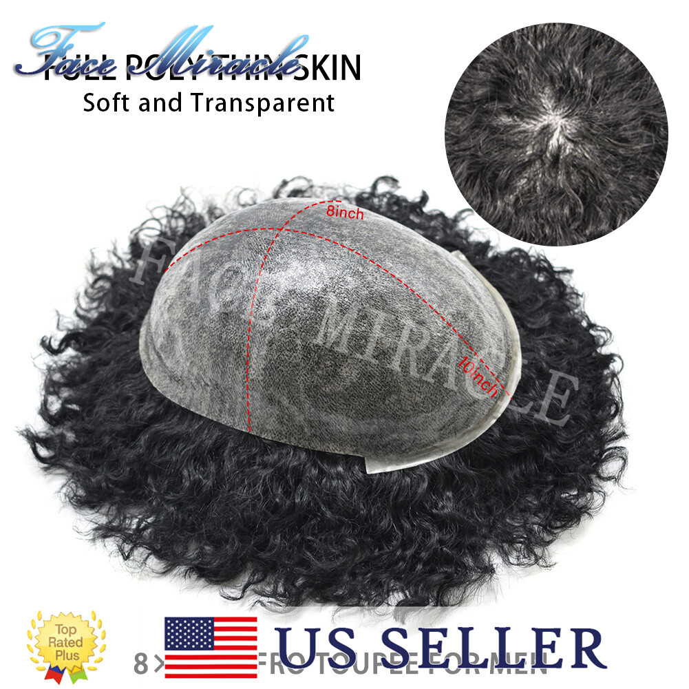 Afro Curl Toupee for Black Men Full PU Mens Toupee Human Hair System African Men