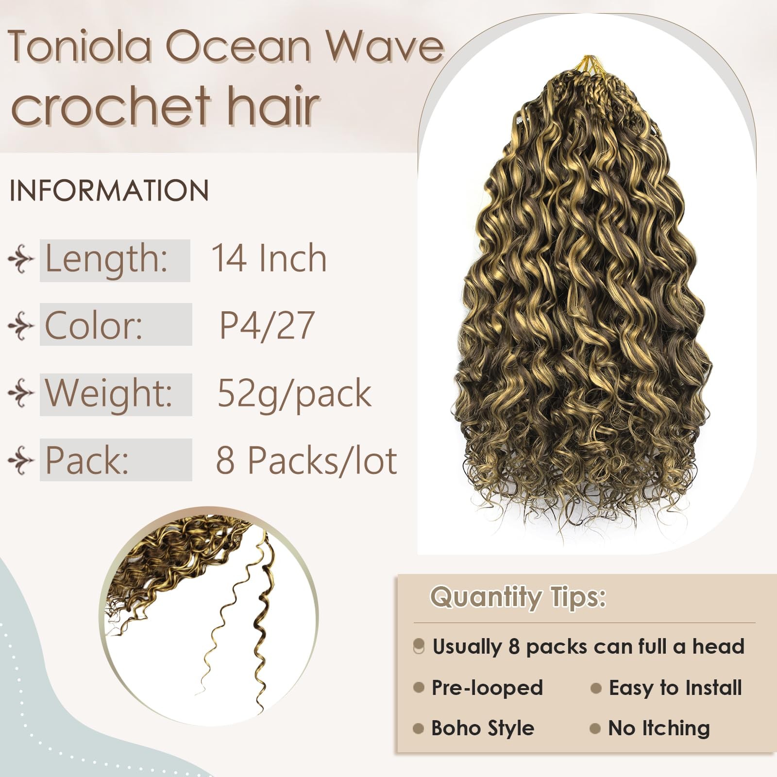 Pre Looped Ocean Wave Crochet Hair 14 Inch 8 Packs Boho Ocean Deep Water Wave…