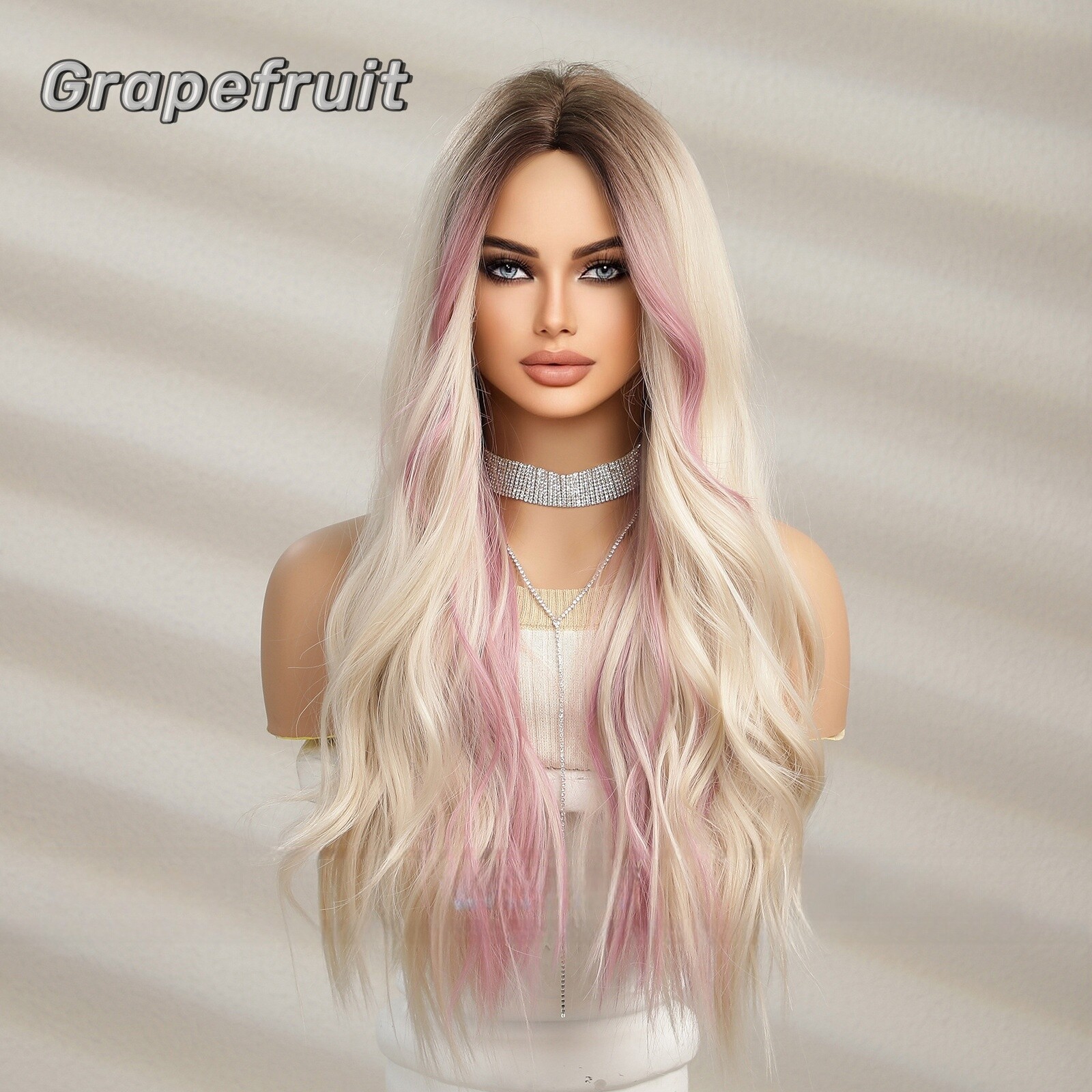 Wig for women Gradient gold highlights pink synthetic fiber breathable wig