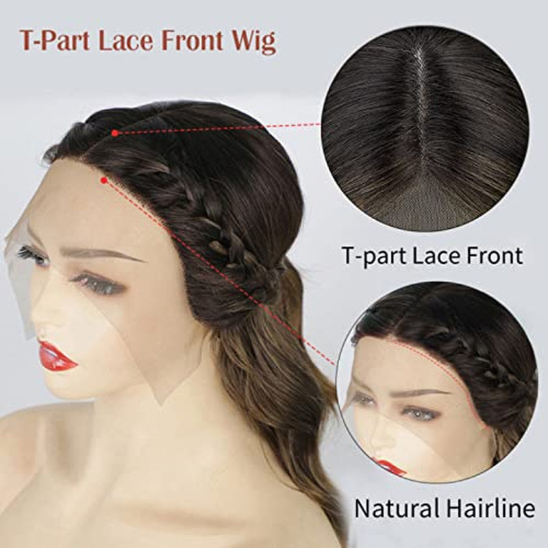 Short Bob Wavy Wig for Women Lace Front Wigs Ombre Brown Synthetic Wig Middle Pa