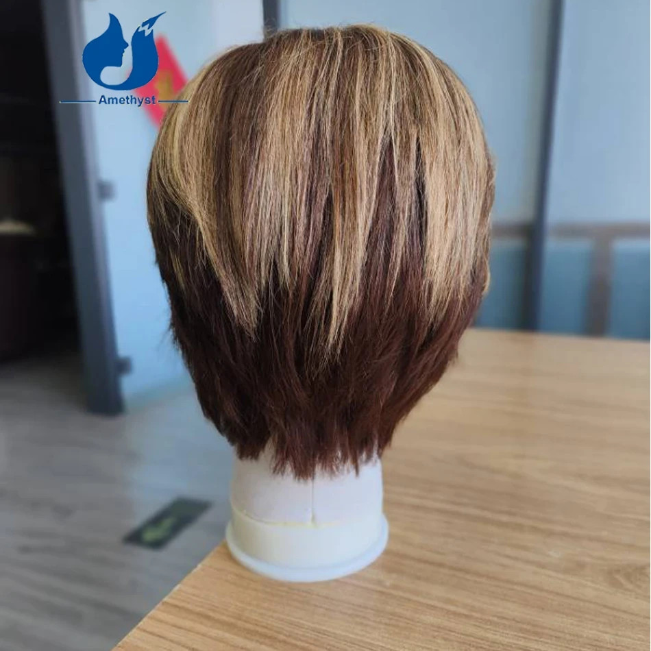 13×6 Short Pixie Cut Lace Front Wig for Men Brazilian Remy Human Hair Highlight