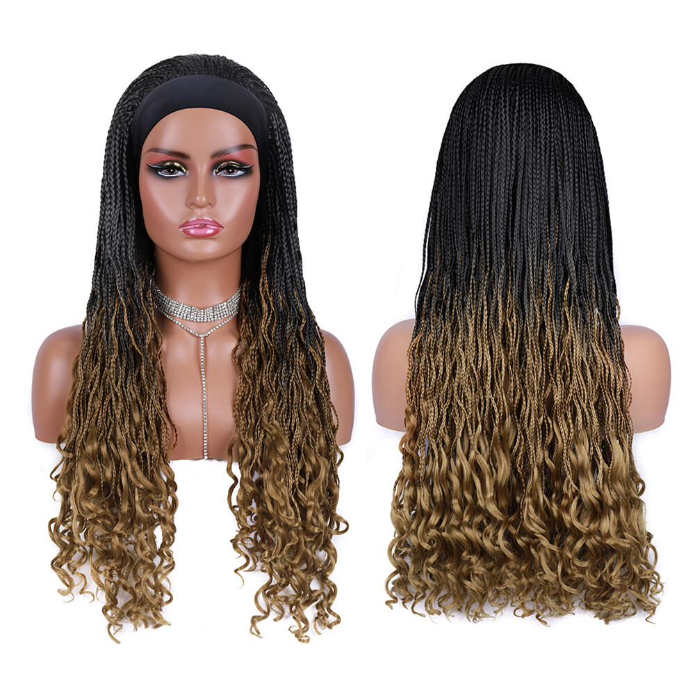 26″ Straight Curly Box Braids Headband Wigs for Black Women Braided Wig Wrap Wig