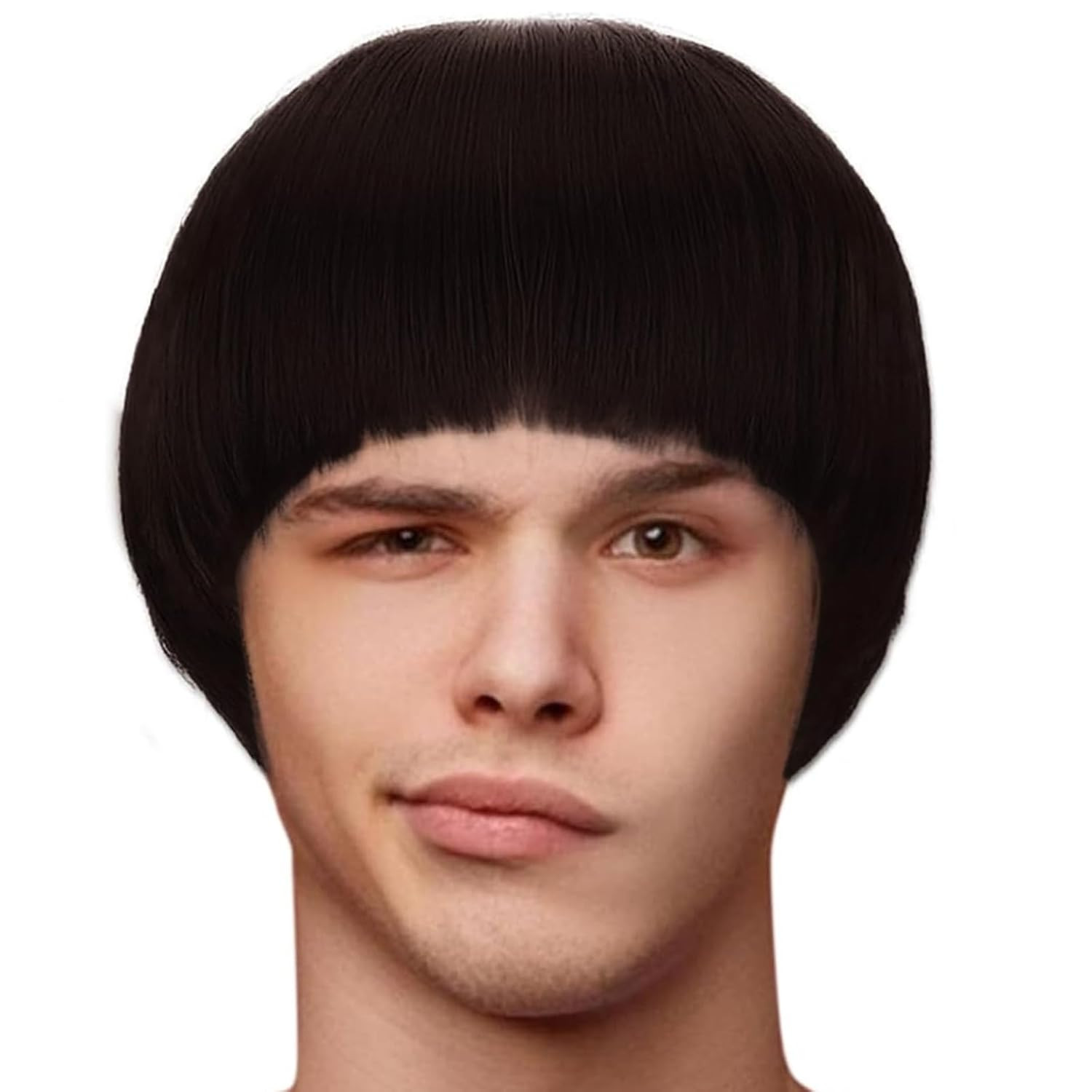 Short Black Cosplay Wig with Bangs Straight Mushroom Wigs for Men 60S Bowl Cut W