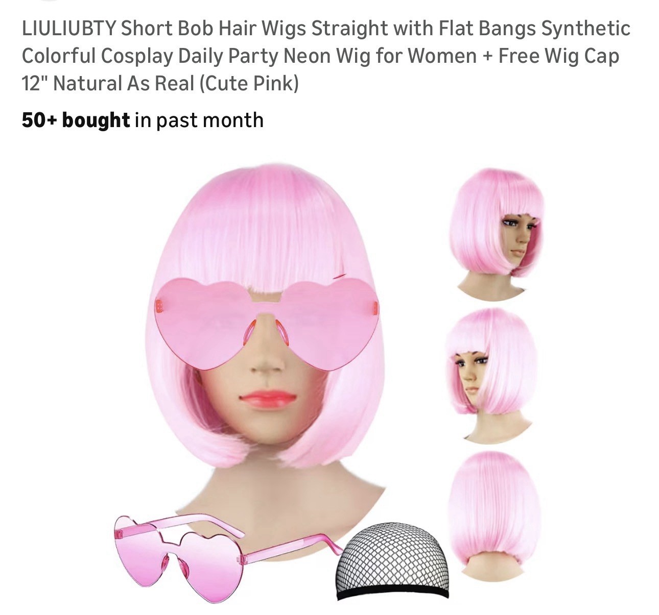 LIULIUBTY Pink Straight Bob Wig Flat Bangs 12 in Adjustable Mesh Cap Cosplay