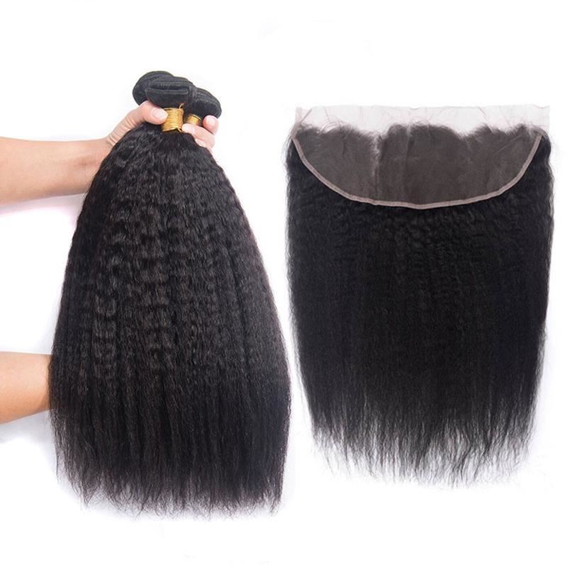 10A Grade 3/4 Kinky Straight Natural Hair Bundles With 13×4 Frontal