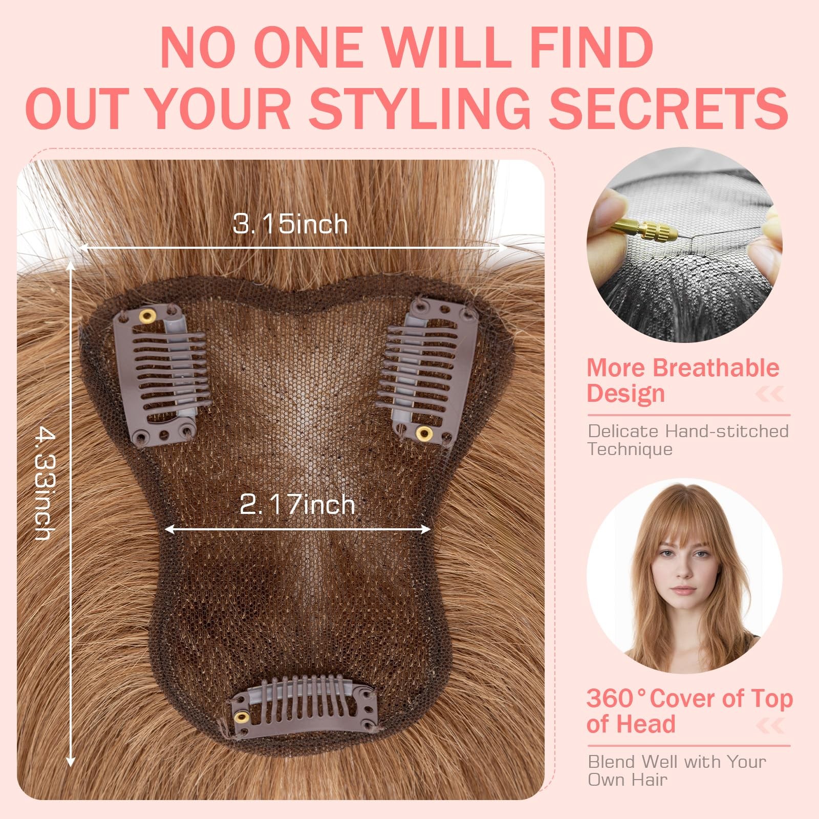 Hairro Human Hair Toppers Bangs 360 3D Coverage Clip In 3.15X4.33 Breathable