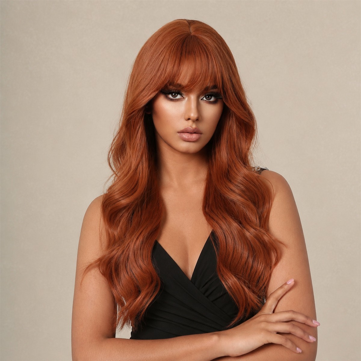 Layered Copper Red Long Wavy Heat Resistant Hair Dress Up Wig With Bangs Women
