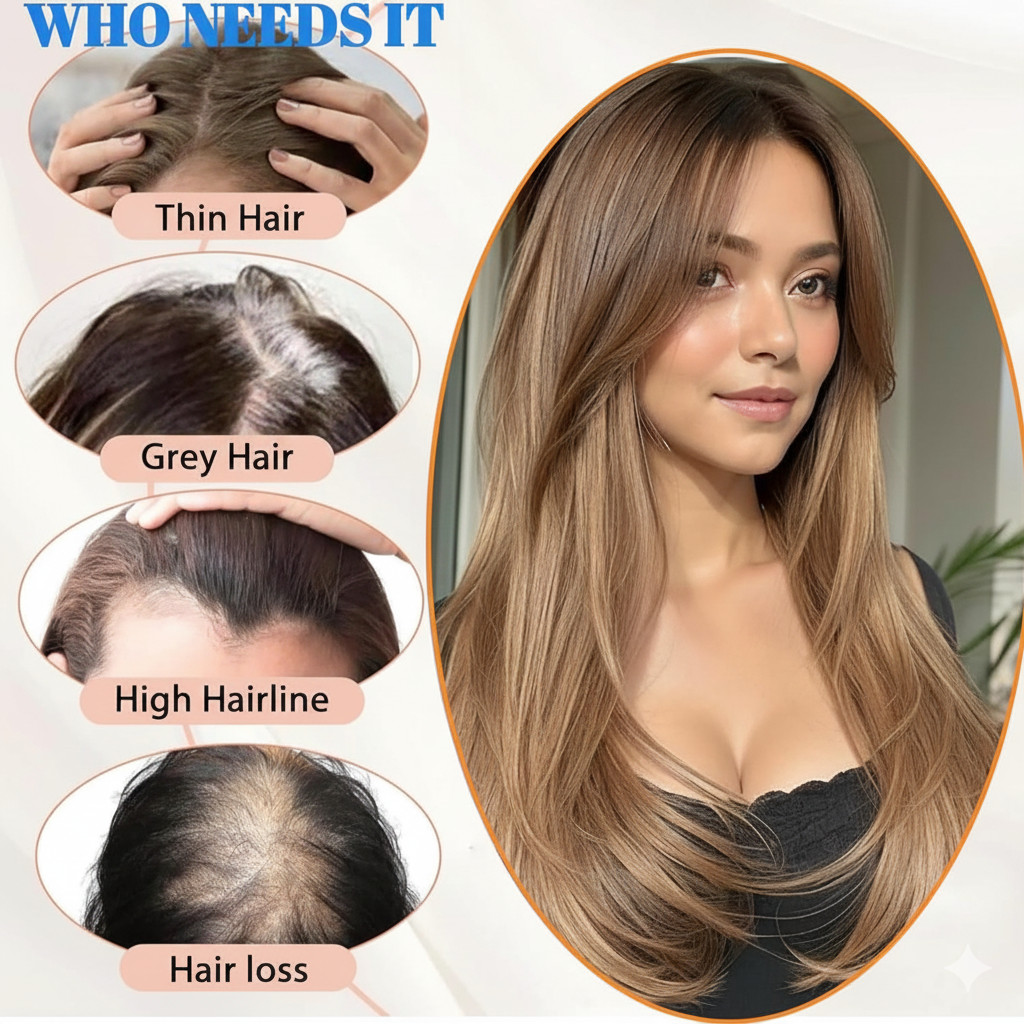 Sarah 20″ Hair Topper Brown Blonde Gradient 3 tone straight curtain bangs woman