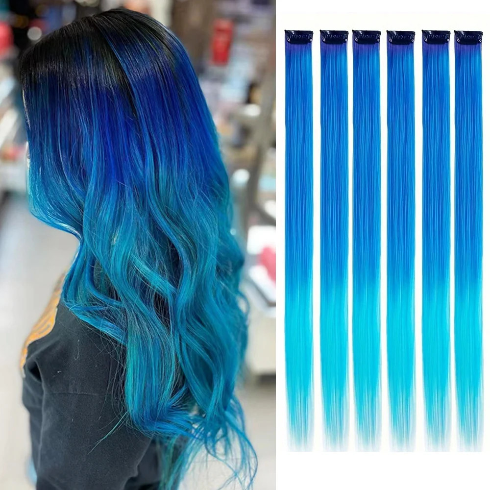 22 Inch Clip in Synthetic Hair Extensions Colored Straight Hairpieces Royal Blue