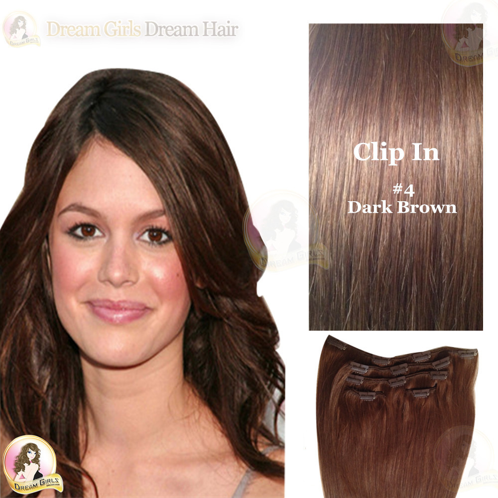 20″ Indian 100% Human Clipin 6A Hair Extenisions 7pcs Double Drawn #4 Borwn 100g