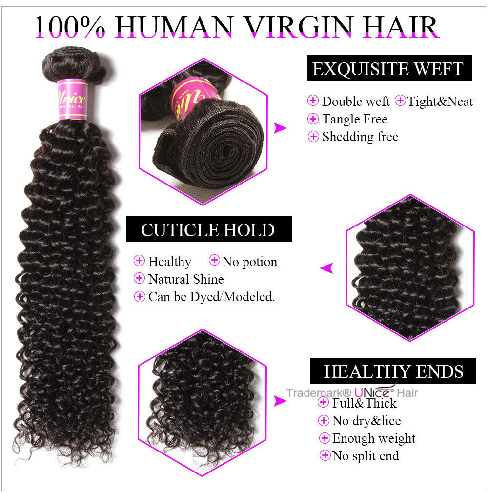 UNice Hair 3 Bundles Curly Virgin Hair Weave 100% Eurasian Human Hair Extensions