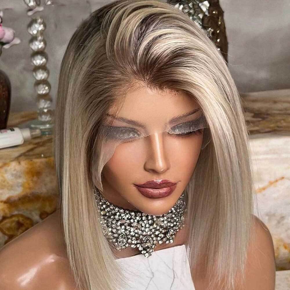 Ash Blonde Short Bob Wigs with Dark Roots 100% Human Hair Lace Front Wigs 13×4