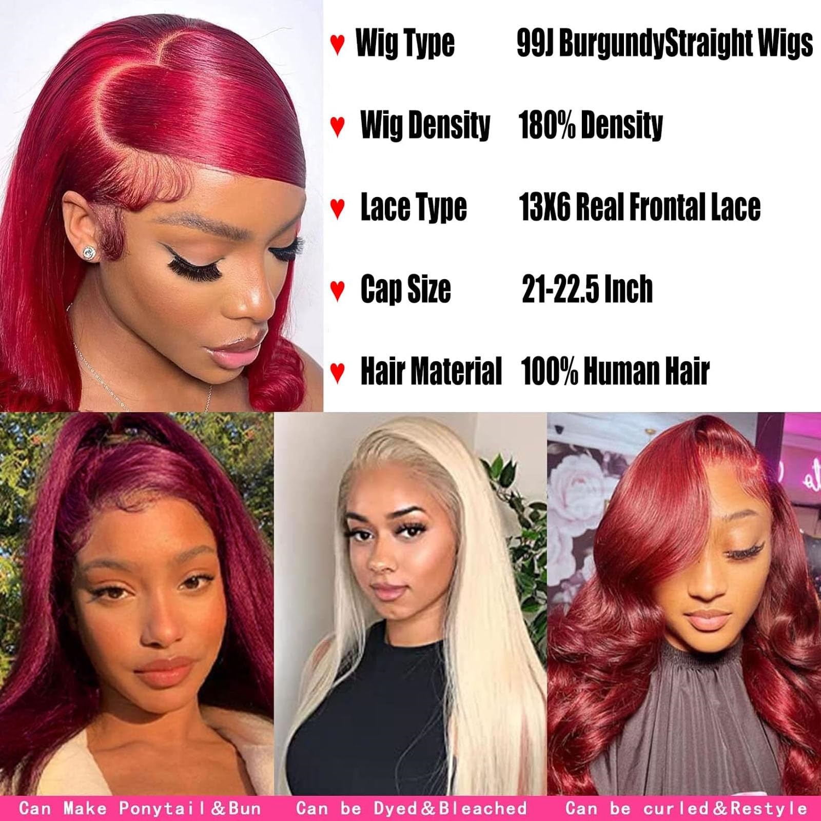 Burgundy Wig Human Hair 28inch 13×6 HD Transparent Lace Straight 99J Red Huma…