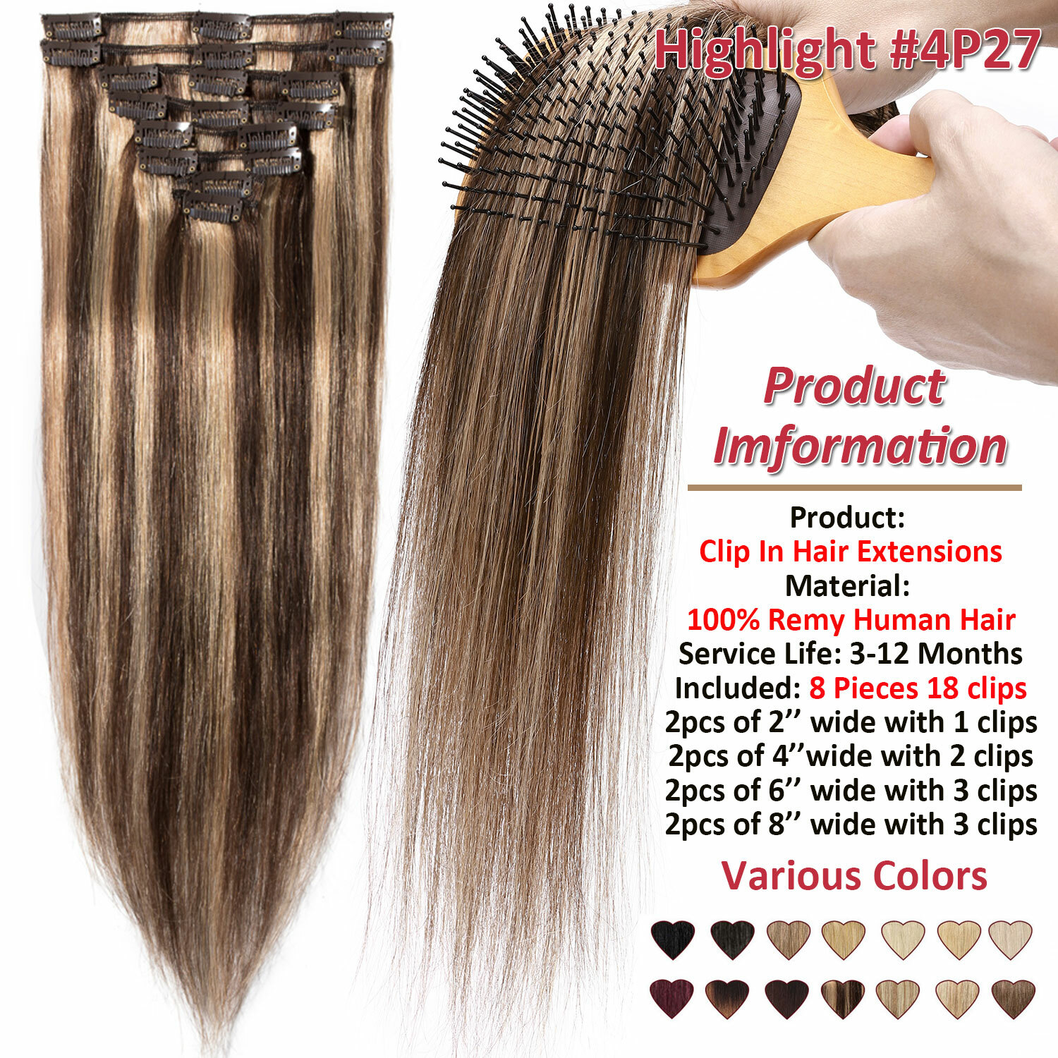 100% Real Russian Clip in Remy Human Hair Extensions 8 Pieces Full Head Blonde
