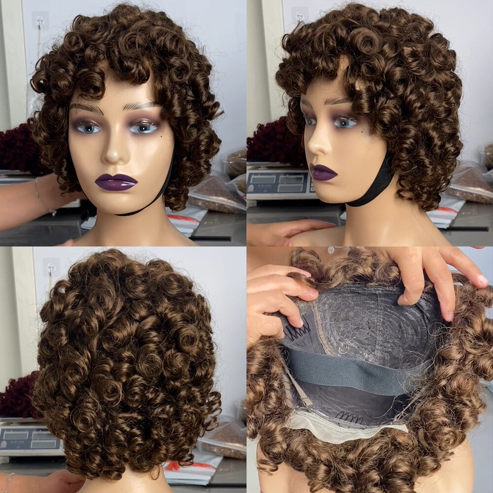 6 Inch Short Curly Human Hair Wigs Loose Bouncy Rose Curly Wigs With Bangs