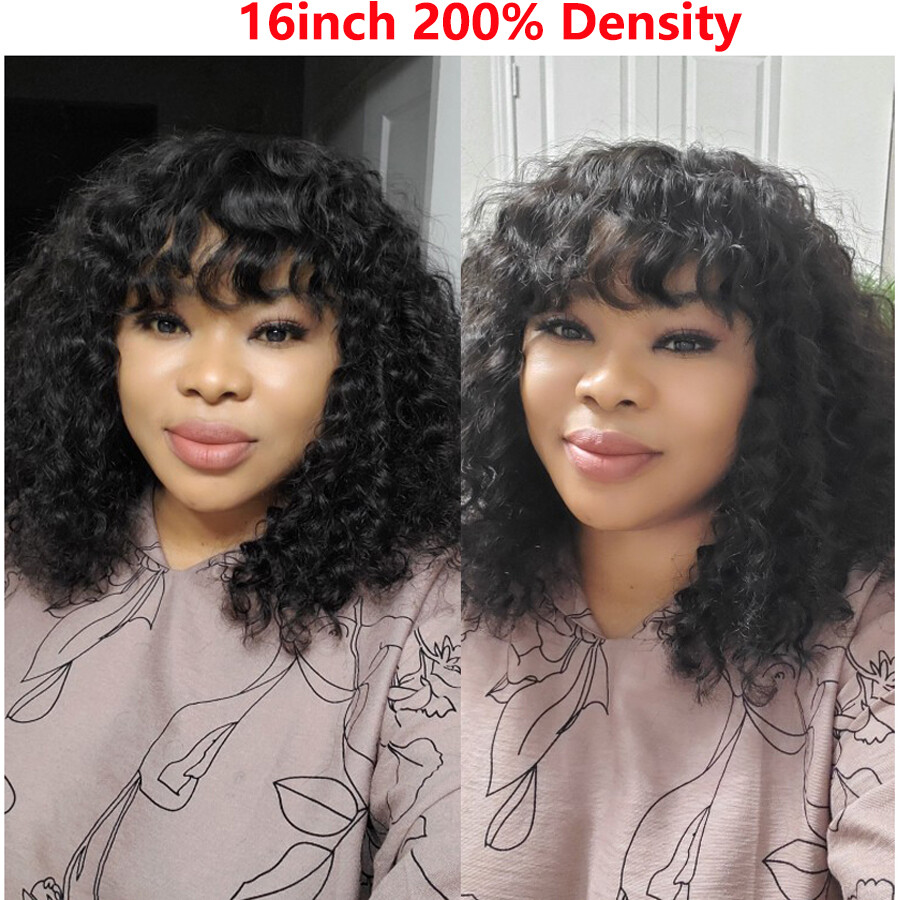 200 Density Curly Human Hair Wigs With Bangs Scalp Top Full Machine Made Wig