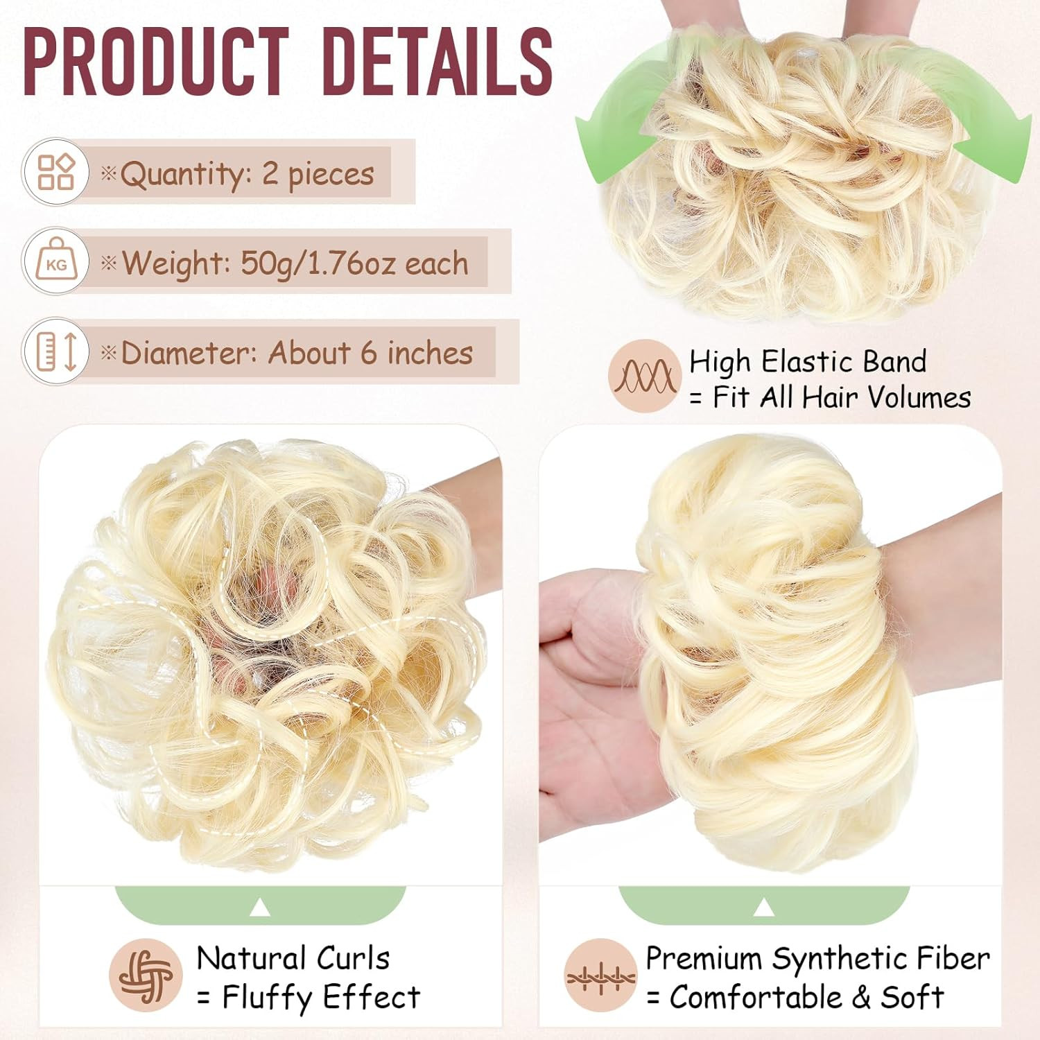 2 PCS Messy Bun Hair Piece Wavy Curly Scrunchies Synthetic Chignon Ponytail Hair