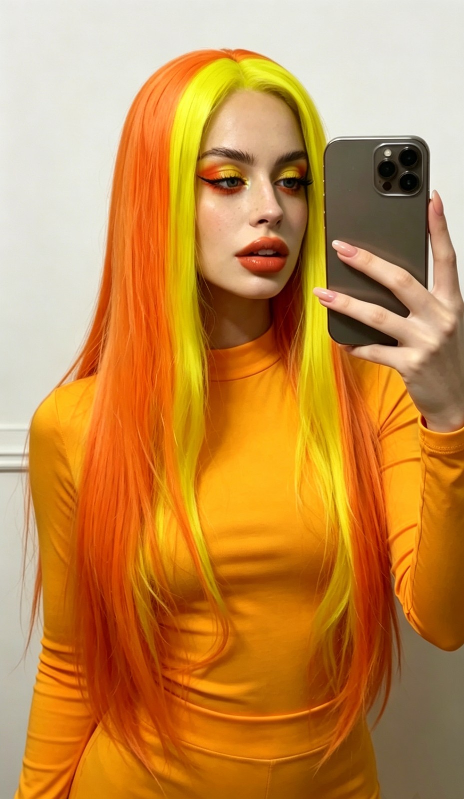 Straight Orange Wig with Yellow Stripe Lace Front Wigs Synthetic Hair Party Wig