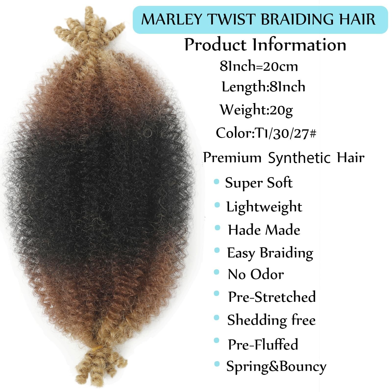 8 Inch Springy Afro Twist Braiding Hair – 3 Tone Kinky Hair, Pre-Separated, 8 Pa