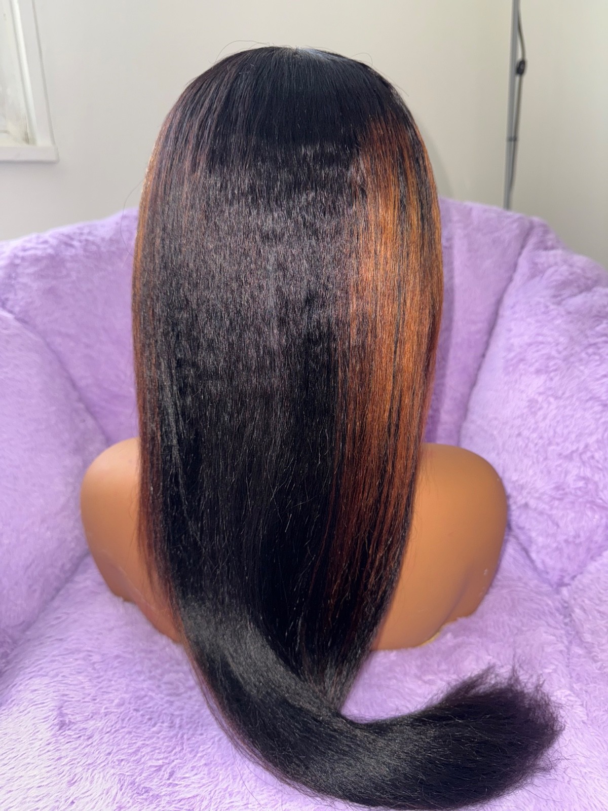 Custom Color Black Highlight Human Hair Yaki Straight Wig (24 inches)