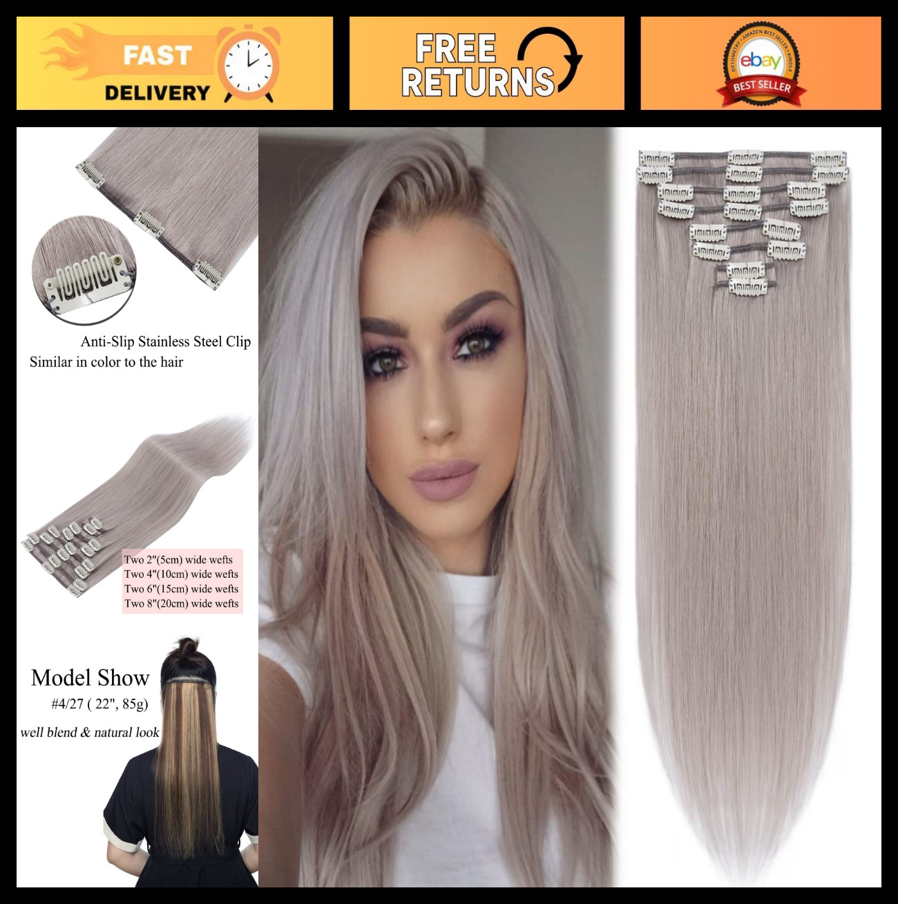 16″ Clip-in Real Human Hair Extensions – 65g Remy Gray Balayage 8pcs Weft Silky