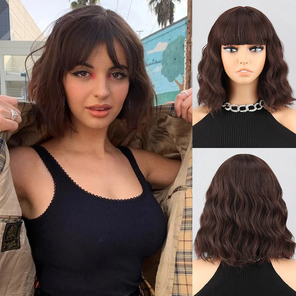 New Short Brown Synthetic Wig Women’s Bangs Dark Blue Pink Black Wig Party Use