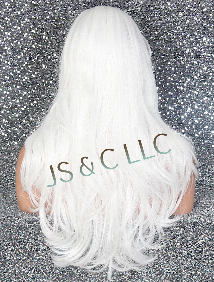 Human hair Blend Full Wig White LOng slightly Wavy Layers Bangs Heat OK WBKT