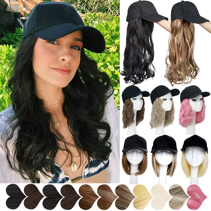 Baseball Hat Cap with Fake Hair Long Brown Hair Wig Cap for Women 6″/8″/16″ Hair