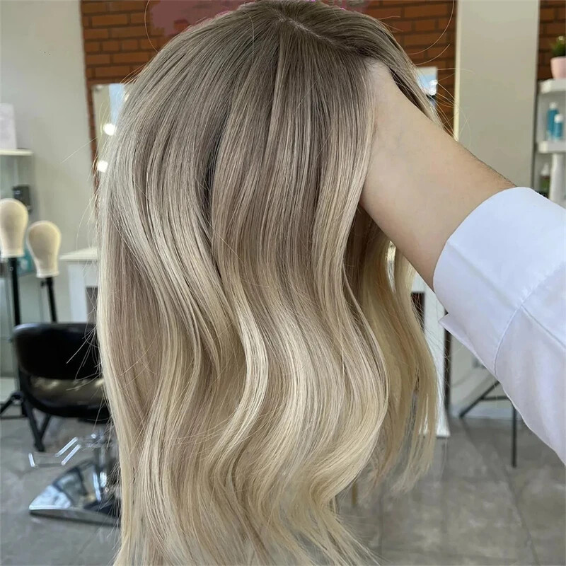 12 Inch Ash Brown Highlight Short Bob Wavy Lace Front Human Hair Wigs Dark Roots