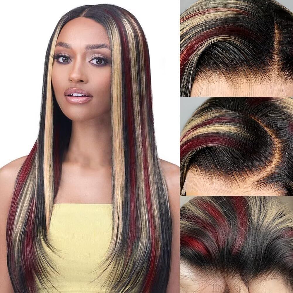 Red Blonde and Black Human Hair Wig 13×4 Skunk Stripe Lace Front Straight Wigs