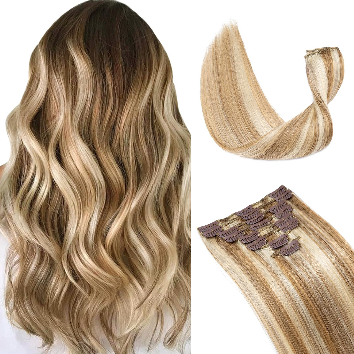 Hairro Clip In Hair Extensions 100 Human Hair Thin Golden Brown Mix Bleach
