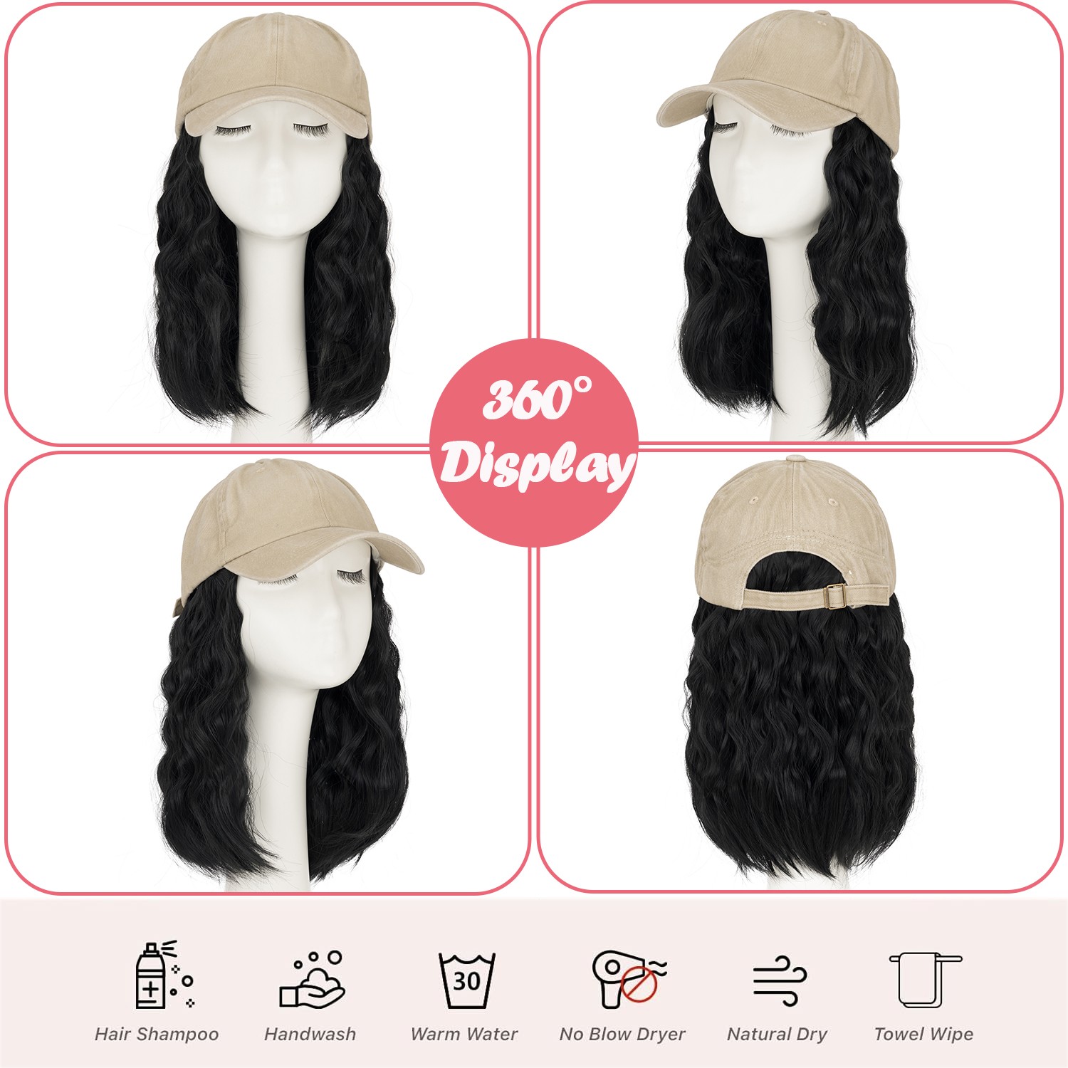 Instant Style 8″ Curly Wavy Cap Wig Adjustable Baseball Hat with Attached Hair M