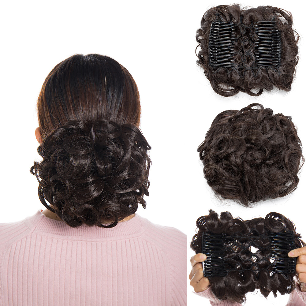Wedding Short Curly Bun Hair Piece Comb Clip In Chignon Hair Extensions Woman US
