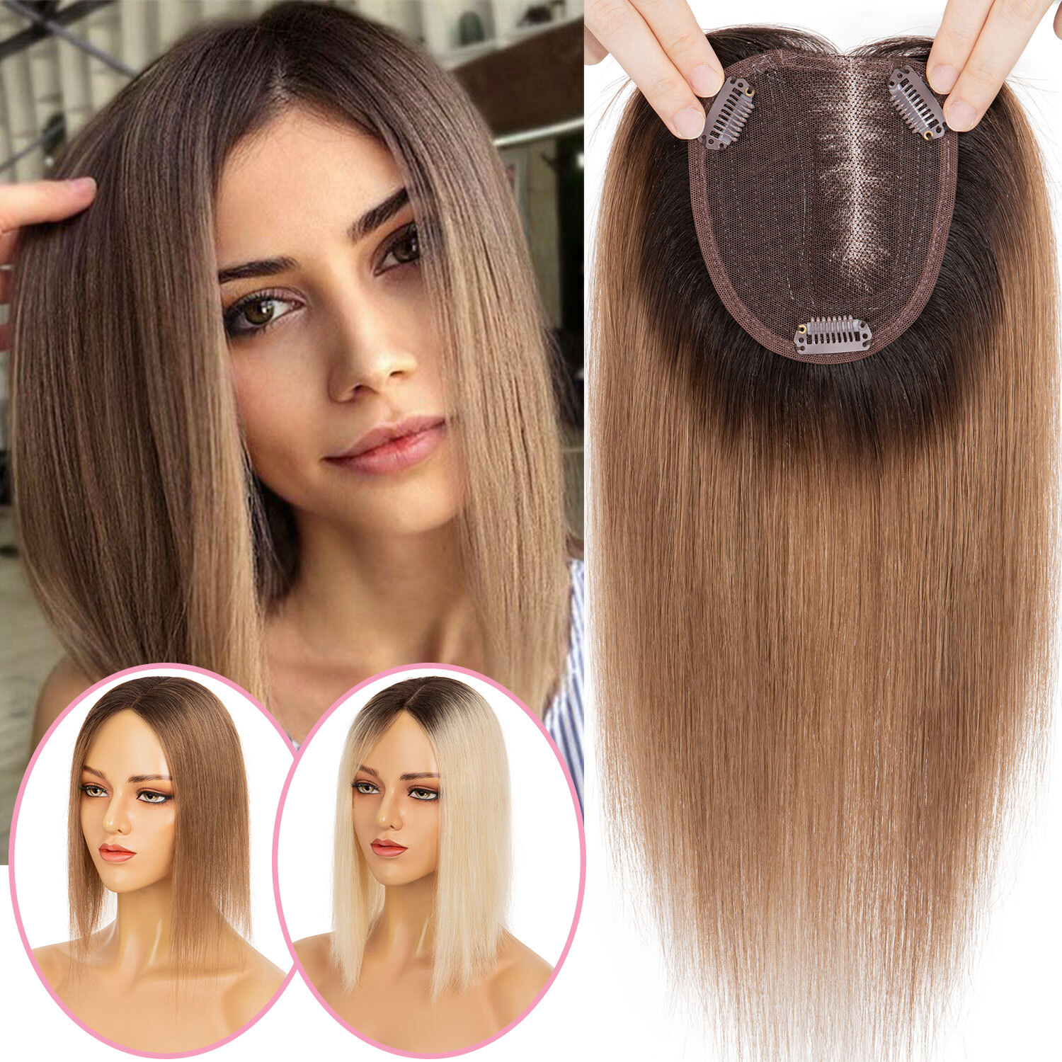 Free Part Top Lace Base Clip in REAL Human Hair Topper Toupee Women Hairpiece US